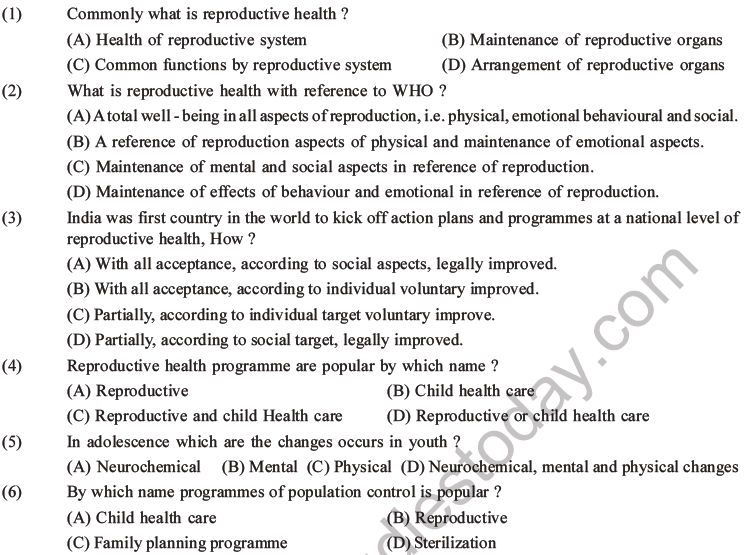 NEET Biology Reproductive Health MCQs Set A Multiple Choice Questions